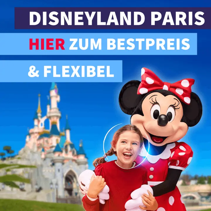 Banner mit Minnie Mouse und Kind: Disneyland Paris 2025/2026 buchen, hier mit Bestpreisgarantie und voller Flexibilität