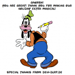 Goofy mit einem Bleistift in der Hand schaut sich um und wirkt dabei wie auf frischer Tat ertappt