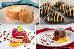 Links oben: Crème de Brie en Petit Pain: Warmer cremiger Brie in einer hausgemachten Brotschale - rechts oben: Croissant à la Truffle Noir d’Hiver: Schwarzes Wintertrüffelcroissant links unten: Mille-Feuille de Betteraves aux Herbes et Noix de Cajoux: Pflanzlicher Napoleon mit Rüben, Cashew-Kräuter-Füllung, Pfeffer-Pinienkern-Sauce und Balsamico-Kaviar - rechts unten: Moelleux aux Noisettes et Chocolats Valrhona: Geschmolzener Schokoladen-Haselnusskuchen mit reiner Valrhona-Schokolade und Maracuja-Mango-Sauce