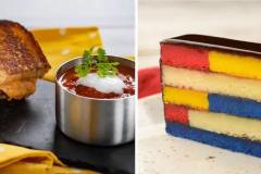 Links: Tomatensuppe mit Pimentkäse-Toast, Speck und gebratenem grünem Tomaten-Grillkäse, rechts: Mandel-Frangipane-Kuchen geschichtet mit Himbeermarmelade und belgischer Schokolade