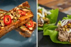 Soy-glazed Sticky Ribs und Grilled Pork Shoulder Lettuce Wraps