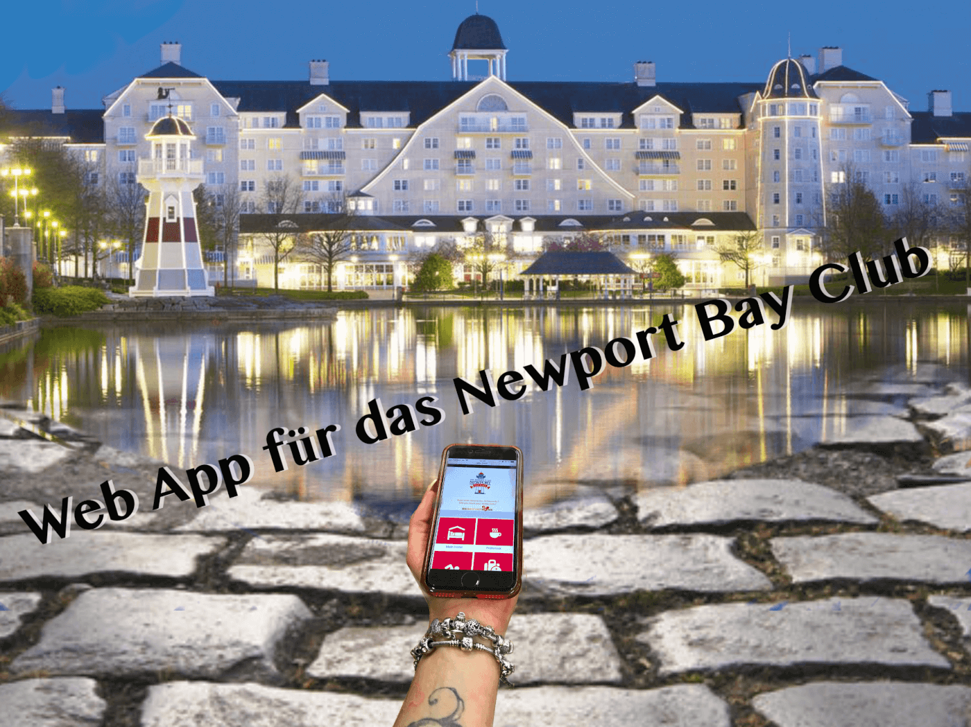 Handy mit App vor dem Newport Bay Club