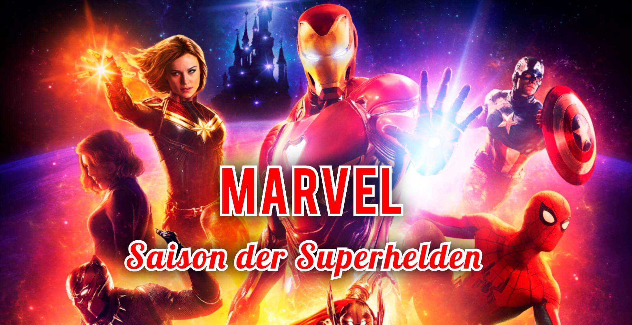 Marvel Superhelden mit Disney Schloss im Hintergrund