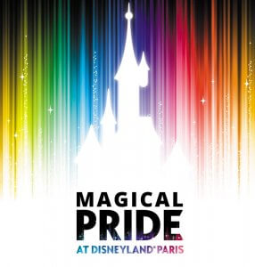 Plakat für die Veranstaltung Magical Pride in Disneyland Paris mit dem Sleeping Beauty Castle vor Regenbogenfarben