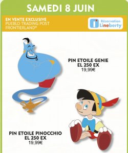 zwei Pins zu den Figuren Genie und Pinocchio