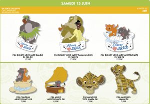 sieben verschiedene Disney Pins, drei davon zum Disney Loves Jazz Festival