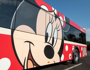 Minnie Mouse Bus transportiert die Gäste im Walt Disney World