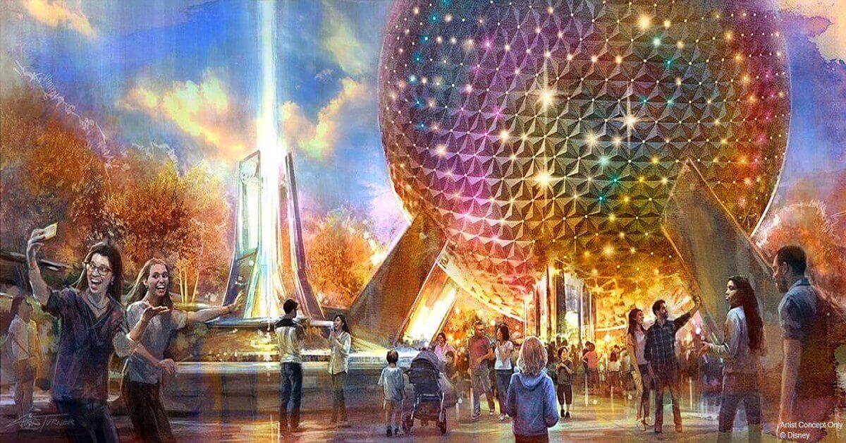 Konzeptzeichnung des neugestalteten Eingangsbereichs von Epcot mit Spaceship Earth und Pylonen