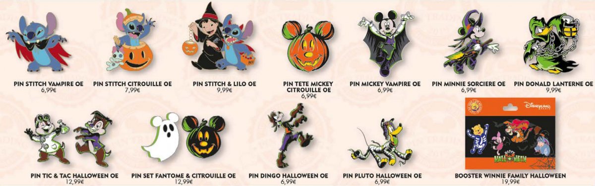 Mehrere Pins im Halloweendesign mit Kürbissen, Geistern und Disney Figuren im Halloweenkostüm