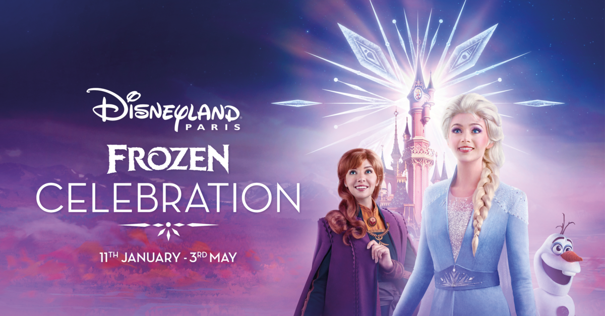 Werbegrafik zur Frozen Celebration mit Anna, Elsa und Olaf vor Dornröschenschloss