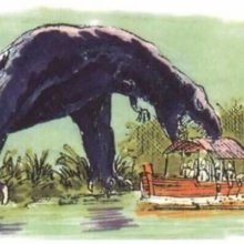 Dinosauriere greift ein Boot an - Konzeptzeichnung für eine Attraktion zu Die Verlorene Welt von Arthur Conan Doyle