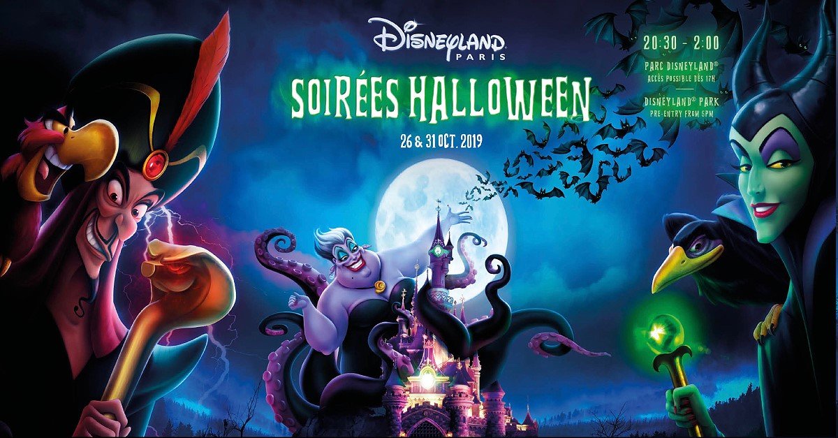 Werbeplakat für Halloween 2019 in Disneyland PAris mit Jafar, Ursula und Malefiz