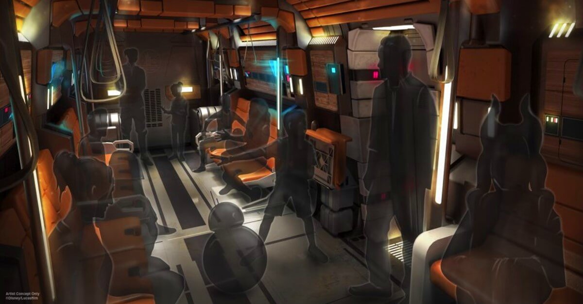 Fahrgäste sitzen und stehen im Star Wars: Galactic Starcruiser, dem neuen Star Wars Hotel