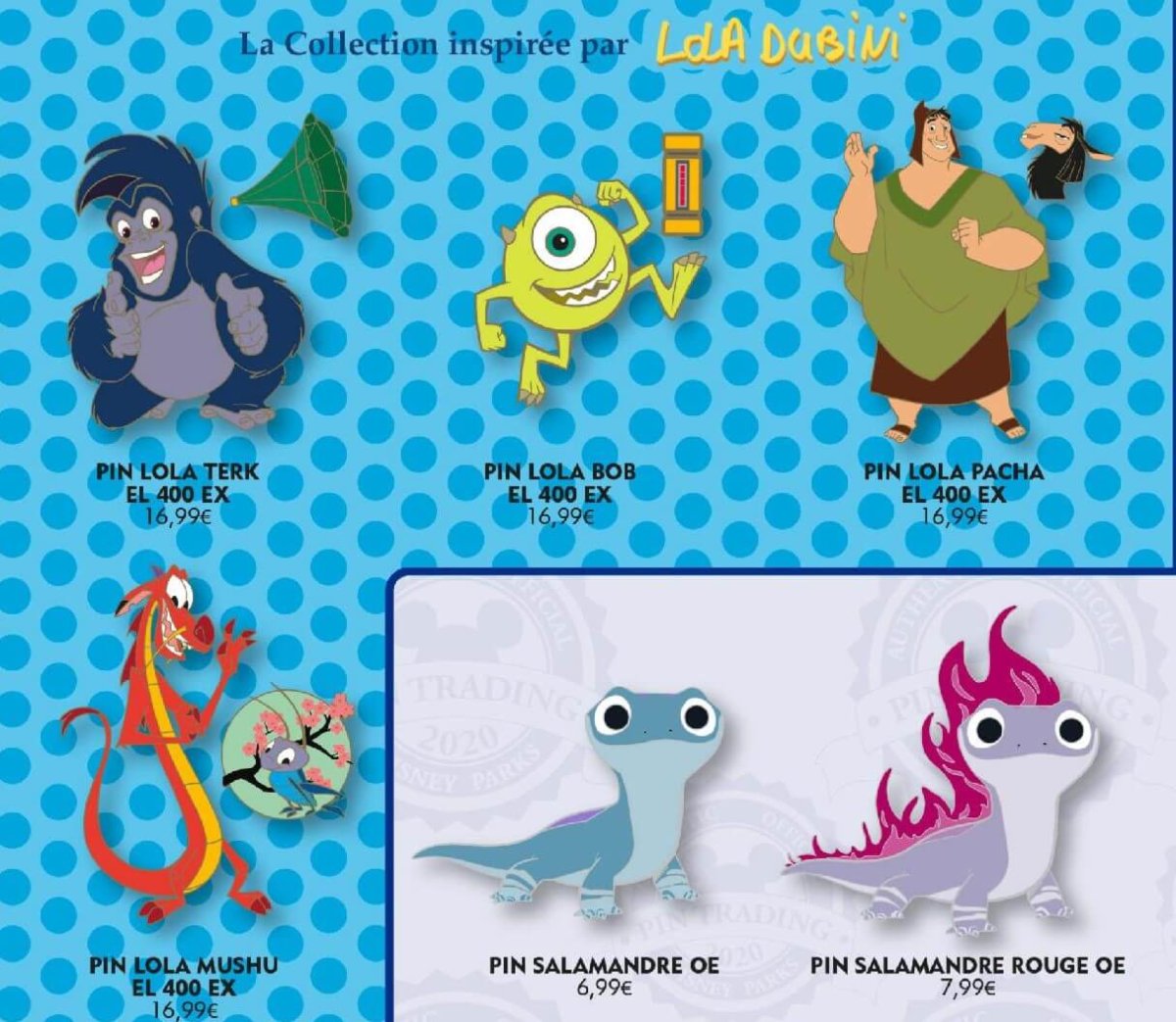 Sechs Disney Pins, die unterschiedliche Disney Figuren zeigen