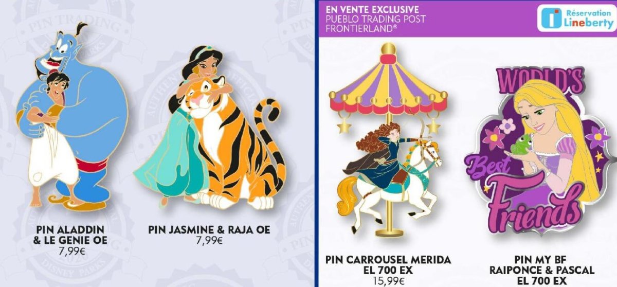 Vier verschiedene Disney-Pins mit Prinzessinnenmotiven