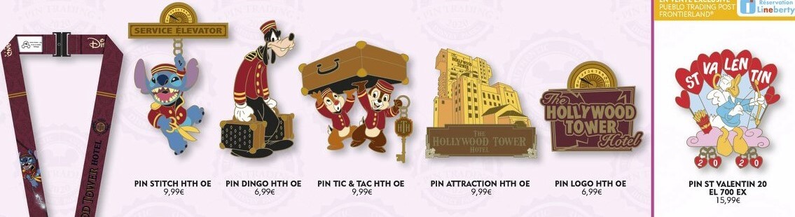 verschiedene Disneypins zum Tower of Terror und zum Valentinstag 2020 im Disneyland Paris