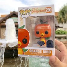 eine Person hält einen verpackten Funko Pop Orange Bird in Disney Springs vor einem Springbrunnen in die Luft