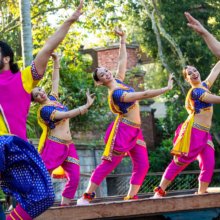 Auf einer kleinen Bühne in Disney's Animal Kingdom tritt eine Gruppe von Bollywood-Tänzern in farbenfrohen Gewändern zu indischer Musik auf