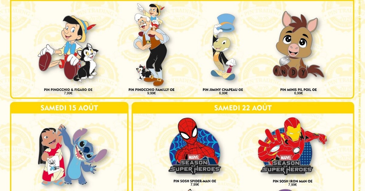 Mehrere neue Pins zu Pinocchio und weiteren Disneyfiguren auf einer Werbegrafik des Disneyland Paris