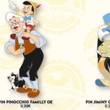 Drei Pins zum Disneyklassiker Pinocchio und ein Pin zum Pferd Bullseye aus den Toy Story-Filmen sind zu sehen