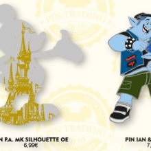 Auf einer Werbegrafik sind nebeneinander vier unterschiedliche Disney Trading Pins zu sehen