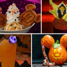 Eine Grafik zeigt vier verschiedene Snacks und Getränke zu Halloween in Walt Disney World