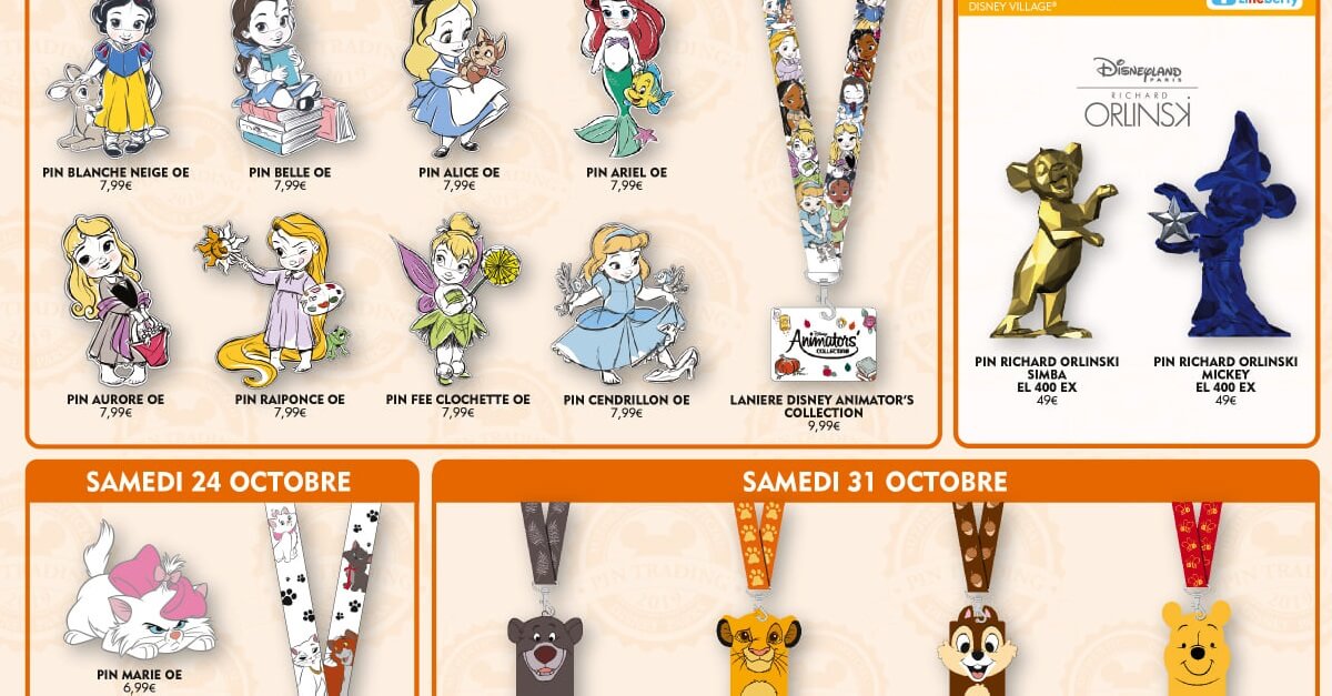 Auf einer Grafik des Disneyland Paris sind verschiedene neue Disney Pins abgebildet