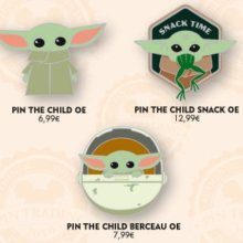 Abbildung von drei neuen Disney Pins zu The Child aus der Disney+ Serie "The Mandalorian"