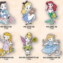 Abbildung von acht Disney Pins im Stil der Disney Animator's Collection und eines dazu passenden Lanyards