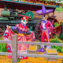 Zwei Figuren von Skeletten mit farbenfroher mexikanischer Kleidung stehen im Frontierland 