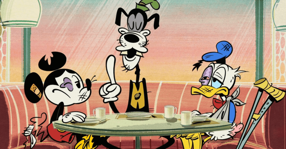 Cartoon Mickey, Donald und Goofy sitzen mit Verletzungen am Tisch