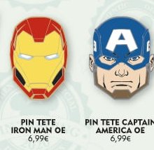 Vier Pins mit Marvel Superhelden-Motiven sind auf einer Werbegrafik des Disneyland Paris sichtbar