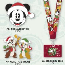 Mehrere Disneypins und Pin-Lanyards auf einer Werbegrafik des Disneyland Paris