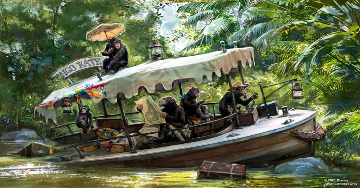 Boot Kongo Kate mit einer Horde Schimpansen bei der Jungle Cruise