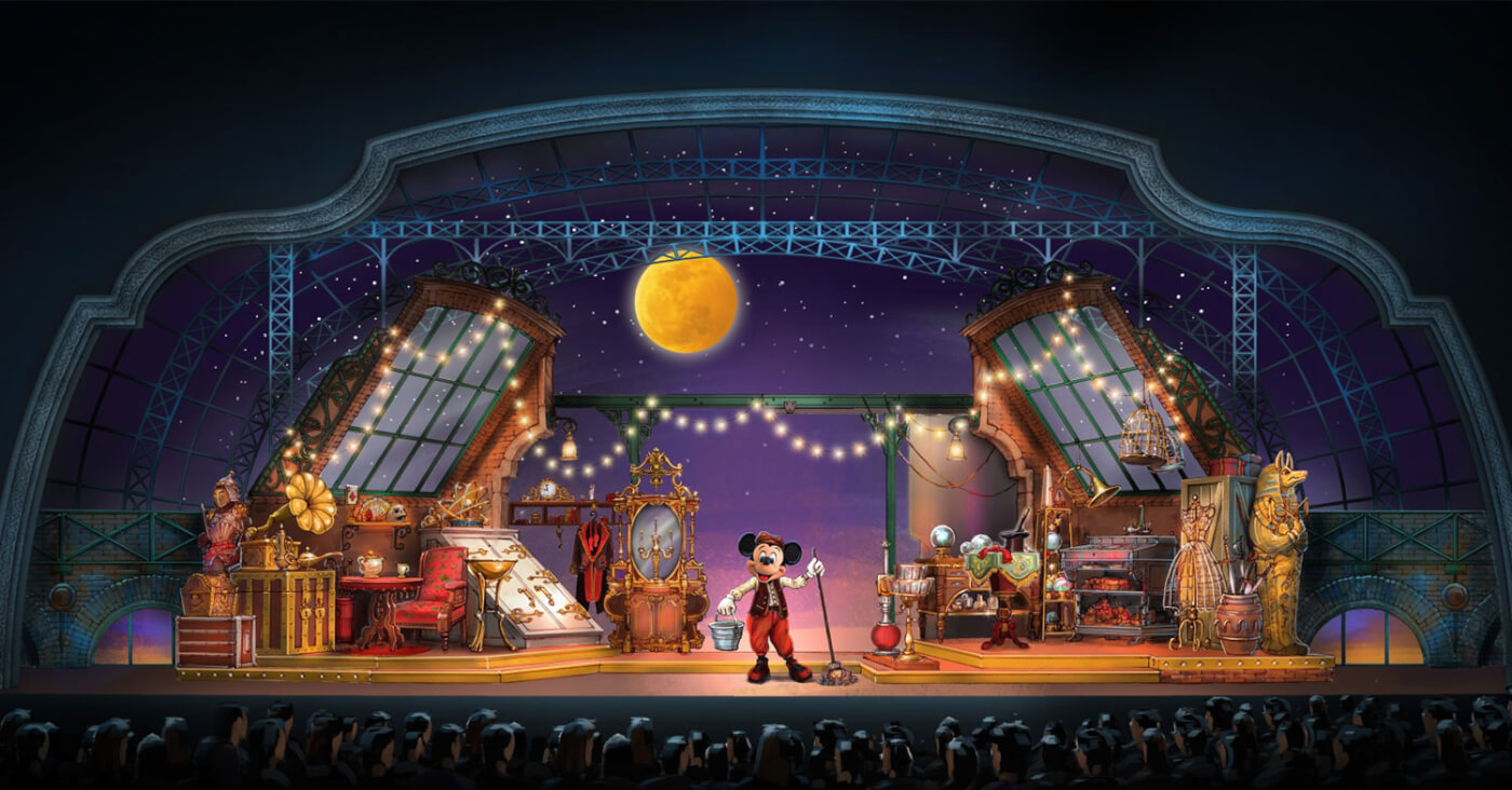 In einem Artwork zur Show Mickey and the Magician in den Walt Disney Studios ist Mickey Mouse auf einer großen Bühne umgeben von Requisiten zu sehen