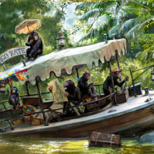 Eine Konzeptzeichnung zeigt eine neue Szene für die Jungle Cruise mit Schimpansen, die ein Boot besetzt haben und Unfug machen