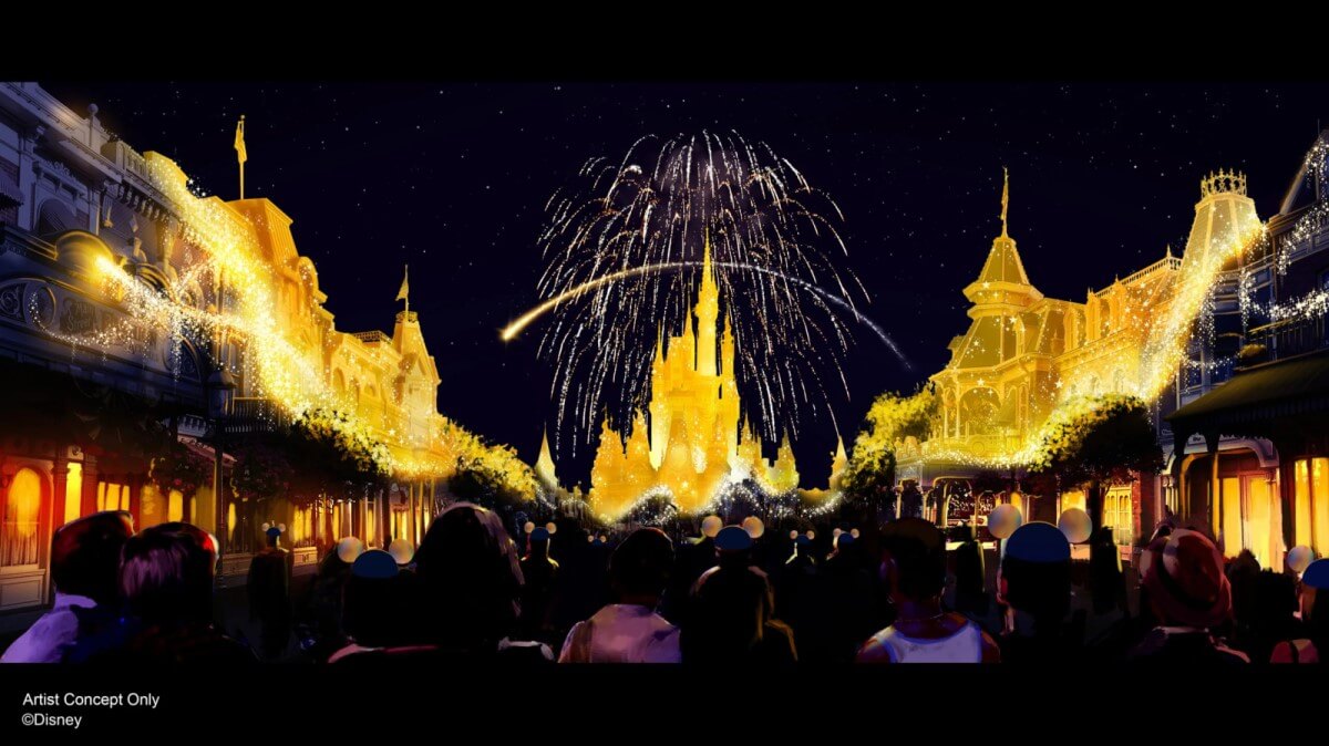 Konzeptzeichnung für Disney Enchantment mit Feuerwerk über dem Schloss