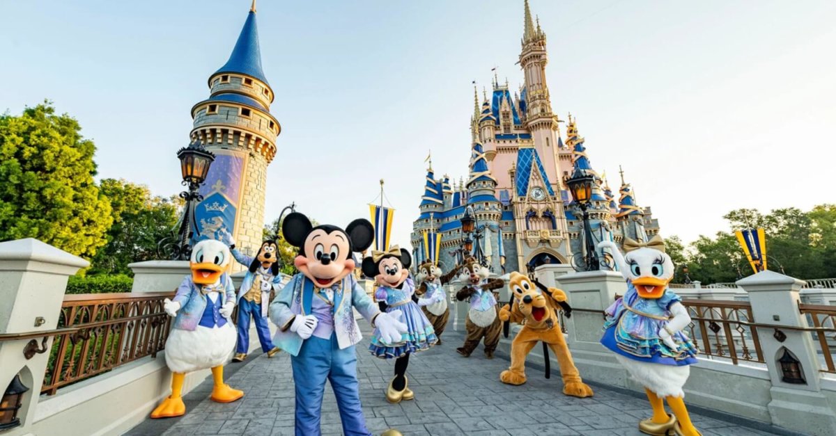 Mickey Mouse, Minnie Mouse, Daisy und Donald Duck, Pluto, Goofy sowie Chip and Dale vor dem Cinderella Castle