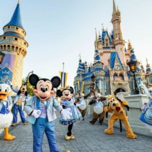 Mickey Mouse, Minnie Mouse, Daisy und Donald Duck, Pluto, Goofy sowie Chip and Dale vor dem Cinderella Castle