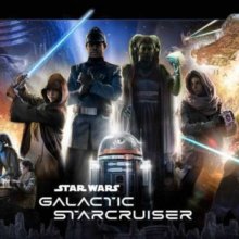 Detailblick auf das Poster für den Star Wars Galactic Starcruiser mit bekannten Star Wars Figuren