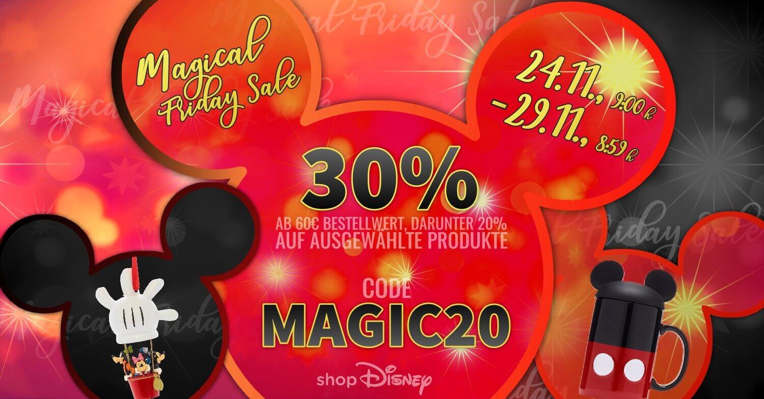 Grafik für den Rabattcode Magic20, der im Magical Friday Sale bei shopDisney für viele Produkte gilt