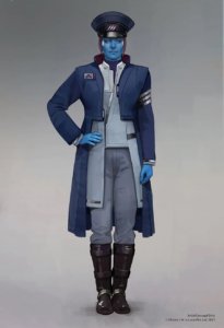 Captain Riyola Keevan, blauhäutige Kapitänin des Halcyon Sternenkreuzers in ihrer Uniform