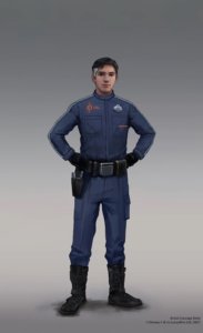 Sammie der Mechaniker, Mechaniker, in blauer Uniform mit in die Hüften gestemmten Armen