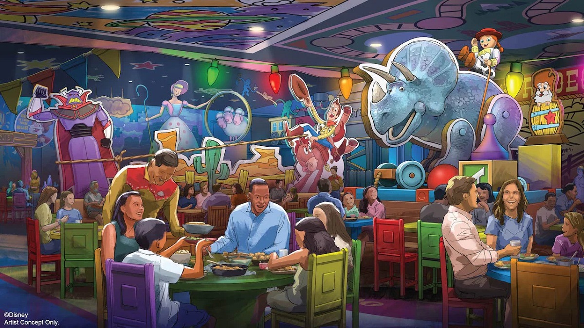 Eine Konzeptzeichnung zeigt das bunt gestaltete Dekor eines neuen Restaurants im Toy Story Land in den Hollywood Studios