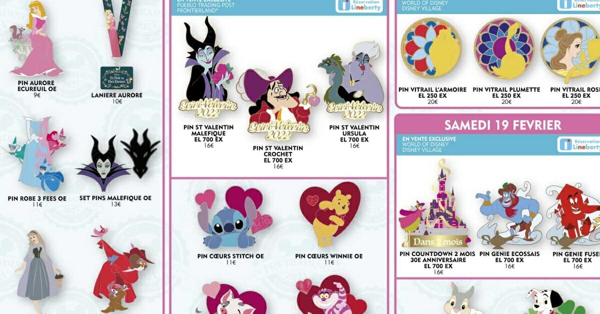 Verschiedene neue Pins aus dem Disneyland Paris im Februar 2022