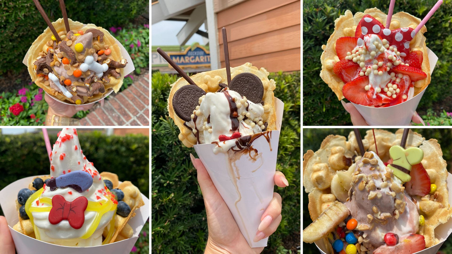 Fünf unterschiedliche Bubble Waffle Sundaes 