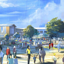 Concept Art Disney Village mit Geschäften und Restaurants