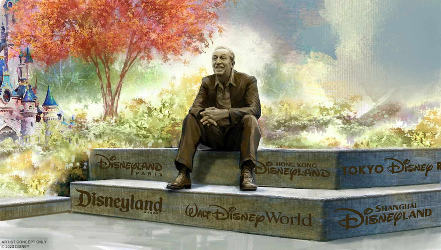 Concept Art der Visionary's Point Statue für Disneyland Paris. Walt Disney sitzt auf Stufen, auf denen die Namen der Disney Resorts stehen. Im Hintergrund das Sleeping Beauty Castle