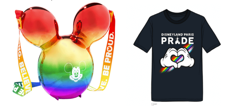 Popcorn-Eimer und T-Shirts für die Besucher der Disneyland Paris Pride 2023