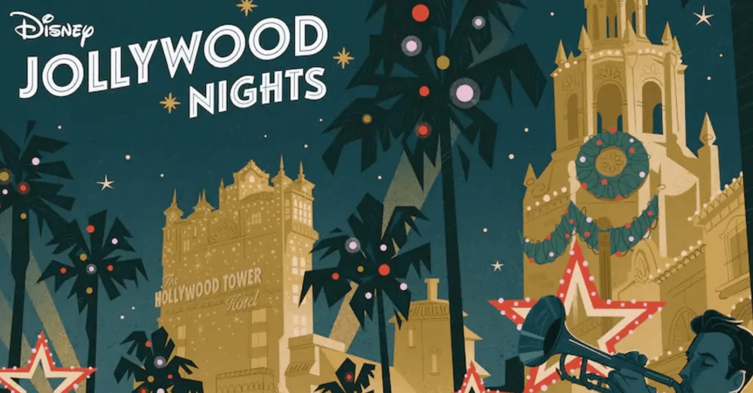 Zeichnungen von Gebäuden aus Disneys Hollywood Studios mit weihnachtlicher Dekoration und dem Schriftzug Disney Jollywood Nights